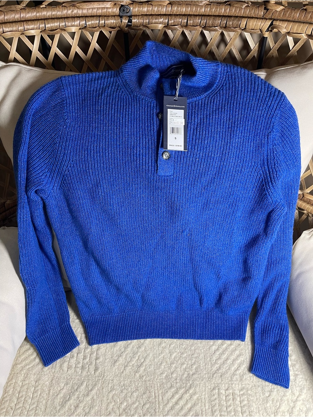 Vineyard Vines Mens Oysterman Sweater Sz S Blue Merino Wool Quiet Luxury Preppy